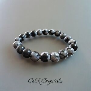 Snowflake Obsidian Bracelet Natural Stones 10mm Unisex Stretch Bead Bracelet